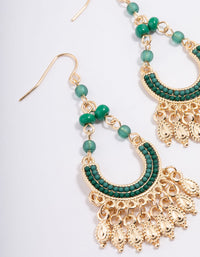 Gold & Green Bead Tassel Crescent Drop Earrings - link has visual effect only