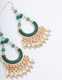 Gold & Green Bead Tassel Crescent Drop Earrings - link has visual effect only