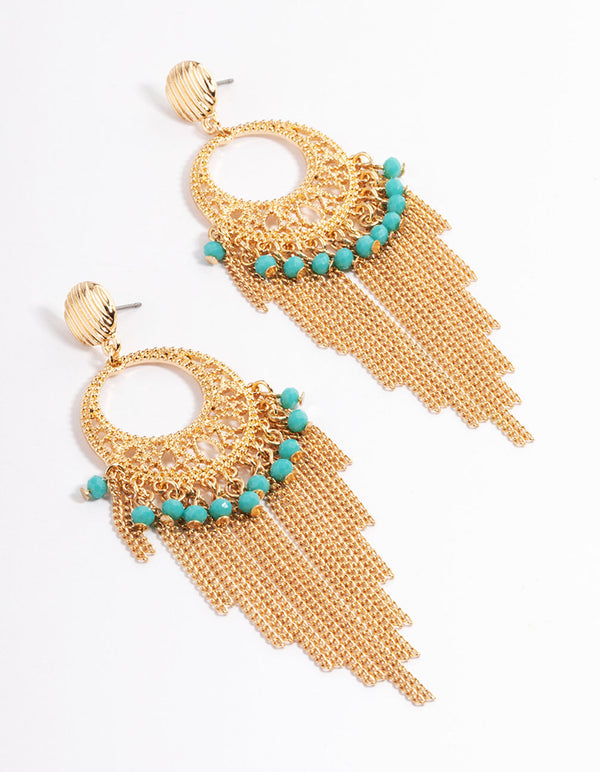 Gold Blue Beaded Tassel Drop Chandbali Earrings