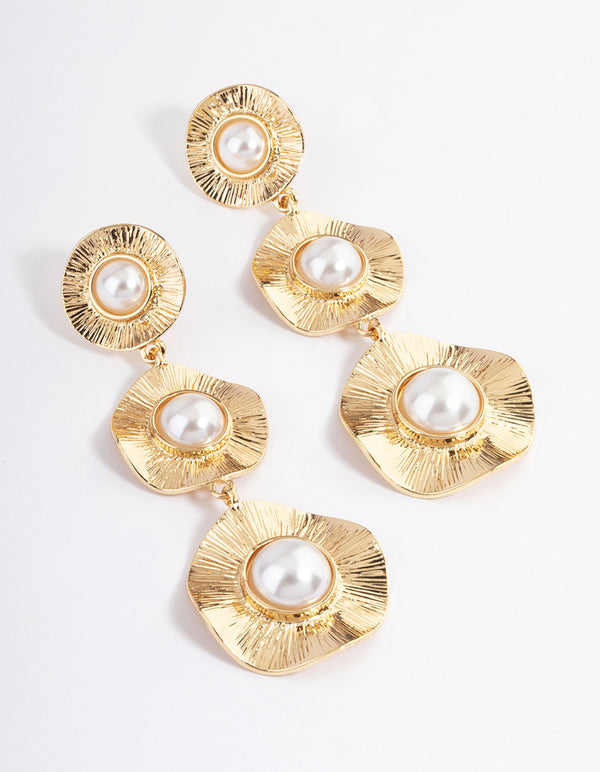 Gold Statement Pearl Textured Disc Earrings