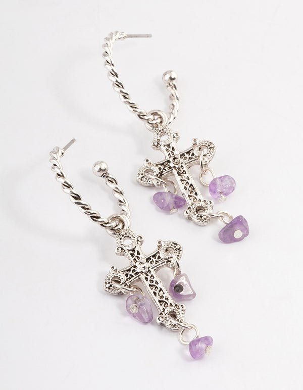 Antique Silver Amethyst Cross Earrings