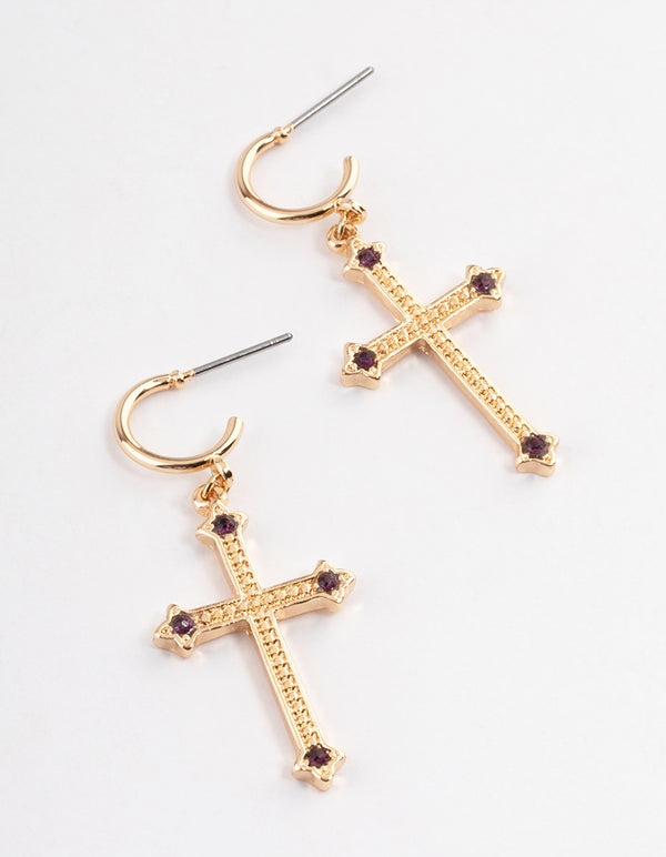 Gold Amethyst Pendant Cross Earrings