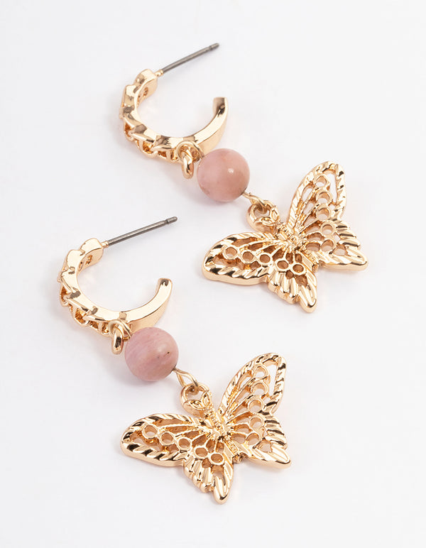 Gold Rhodonite Butterfly Hoop Earrings