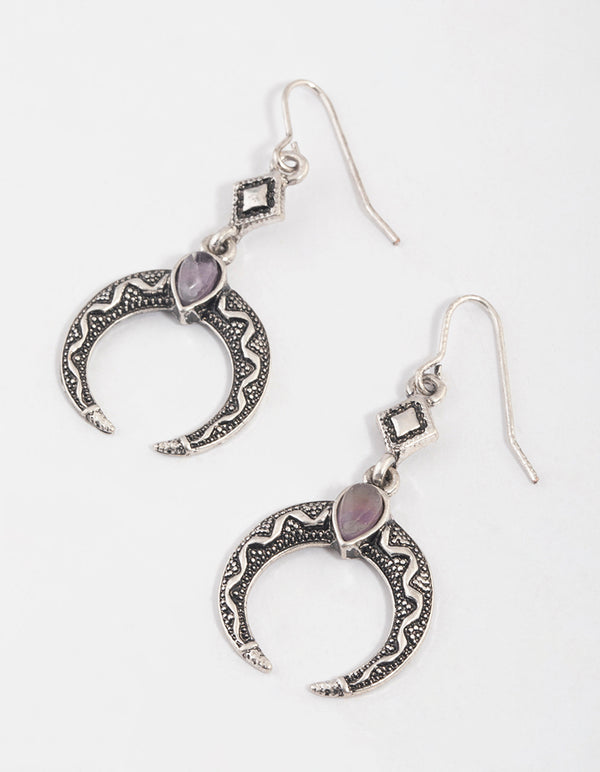 Antique Silver Amethyst Hook Crescent Earrings