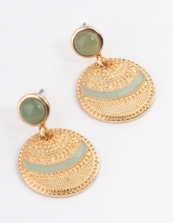 Gold Aventurine Disc Enamel Hoop Earrings