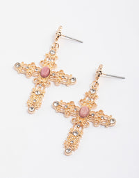 Gold Rhodonite Cross Detailed Earrings - link has visual effect only