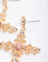 Gold Rhodonite Cross Detailed Earrings - link has visual effect only