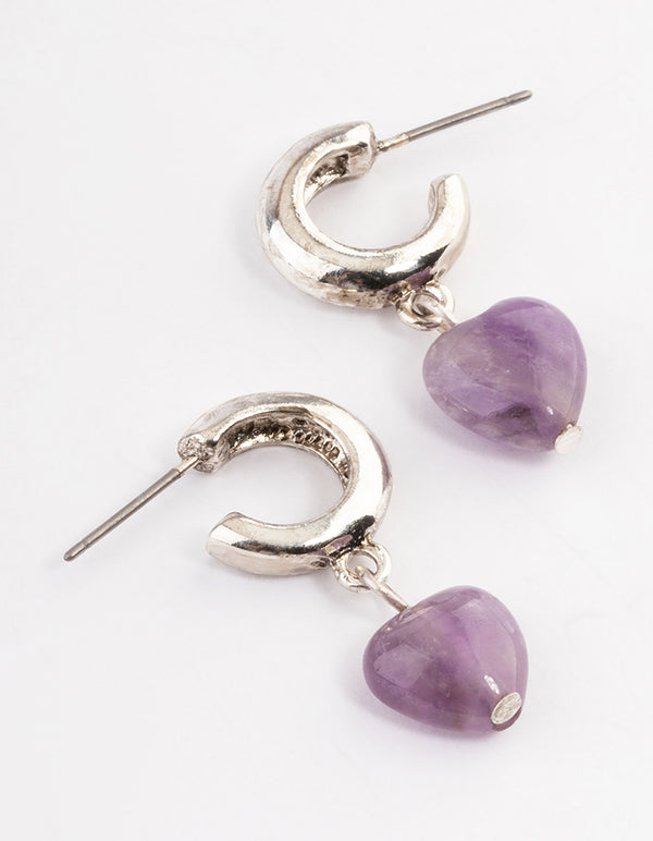 Antique Silver Amethyst Heart Huggie Earrings