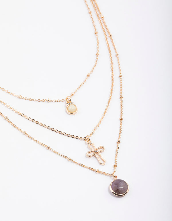 Gold Amethyst Multi Cross Necklace