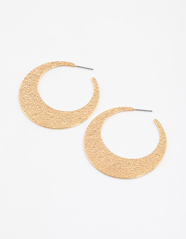 Gold Plated Brass Flat Textured Hoop Earrings