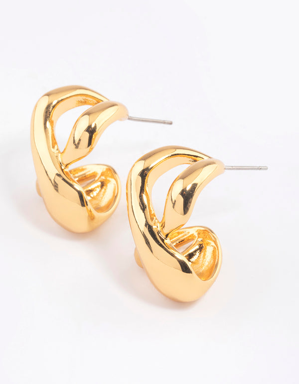 Gold Plated Brass Cross Over Oversized Stud Earrings