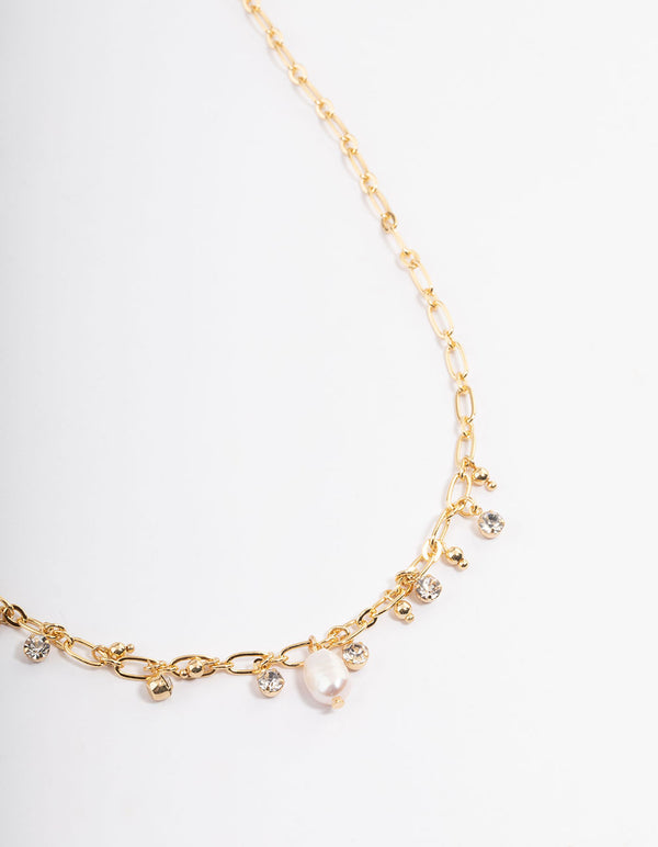 Gold Plated Freshwater Pearl Diamante Charm Chain Necklace