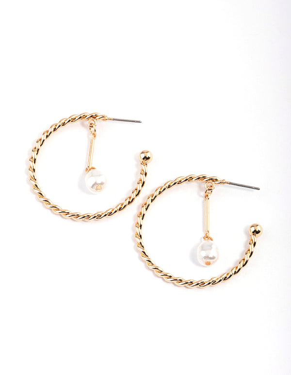 Gold Pearl Twisted Hoop Earrings