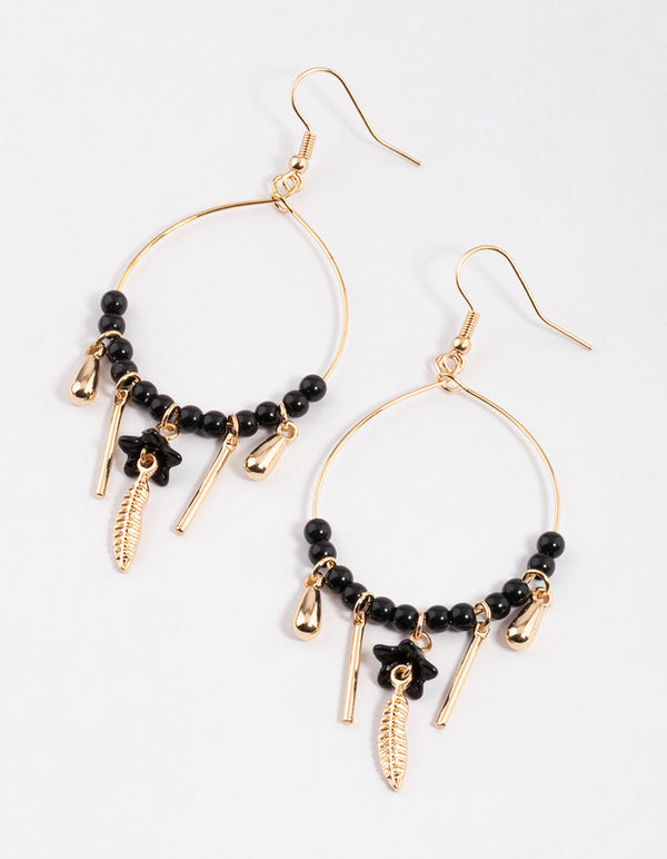 Black Beaded Feather Drop Earrings