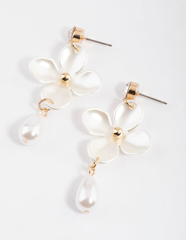 Gold Pearl Flower & Stone Drop Earrings