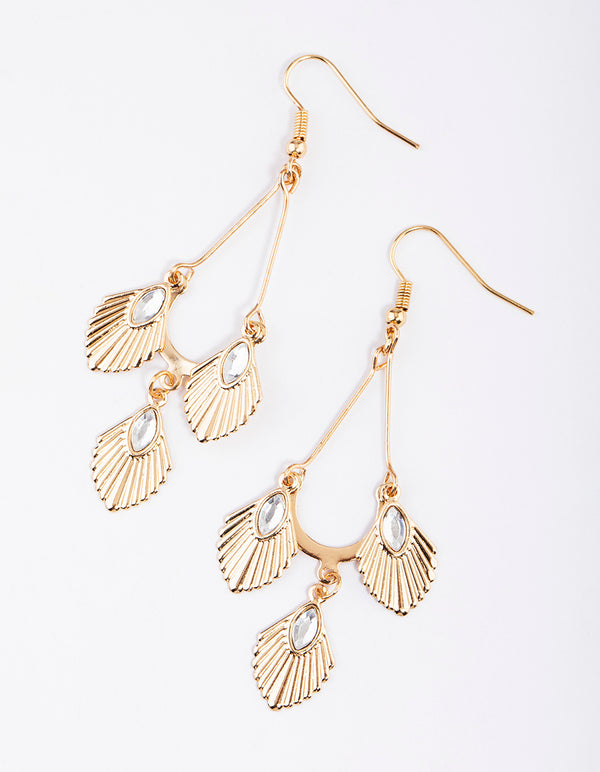 Gold Triple Diamante Fan Drop Earrings