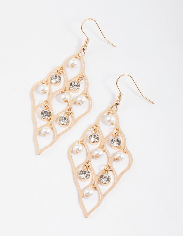 Gold Stone & Pearl Window Drop Earrings