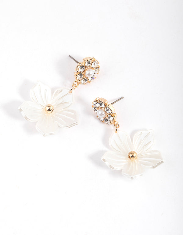 Gold Diamante & Pearl Flower Drop Earrings