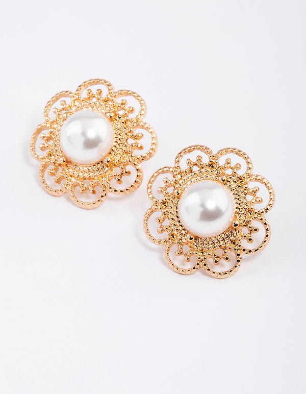 Gold Ornate Flower Pearl Stud Earrings