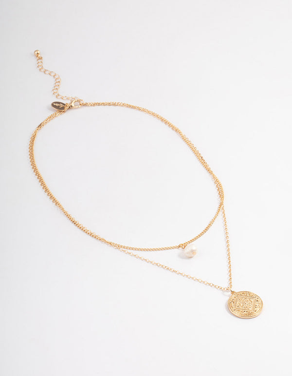 Gold Freshwater Pearl & Ornate Disc Necklace - Lovisa