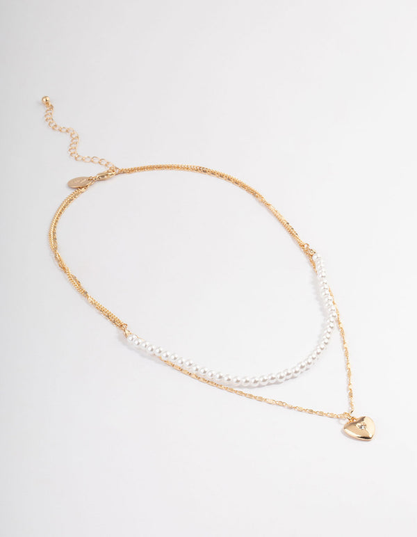 Gold Pearl Strand & Heart Layered Necklace - Lovisa
