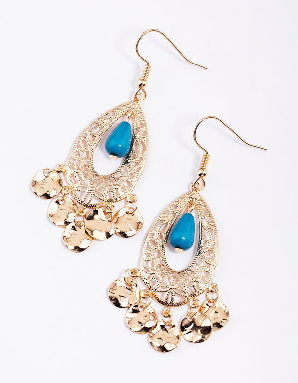 Teal Ornate Pear & Disc Drop Earrings