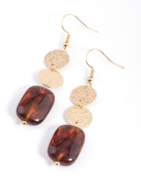 Brown Double Disc & Square Beaded Drop Earrings