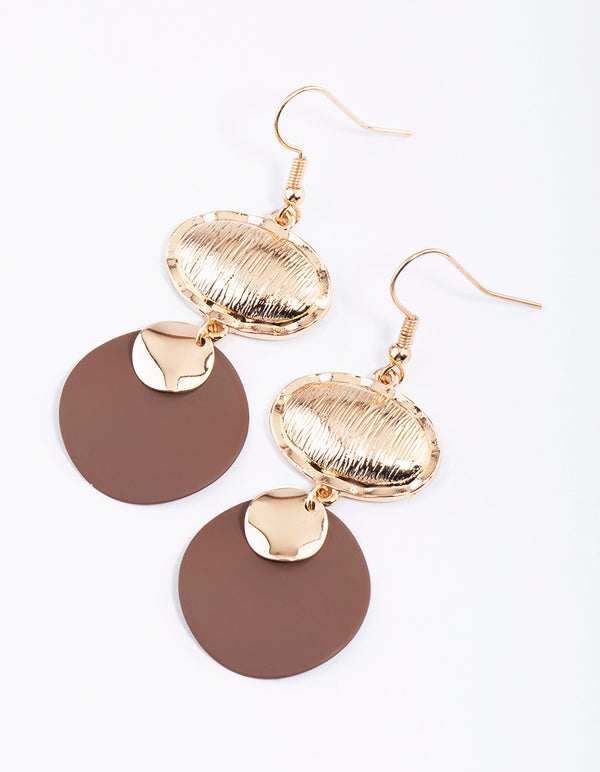 Brown Oval Stamp & Disc Drop Earrings