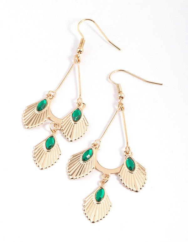 Green Triple Diamante Fan Drop Earrings