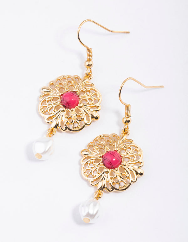 Fuchsia Boho Pearl Droplet Drop Earrings