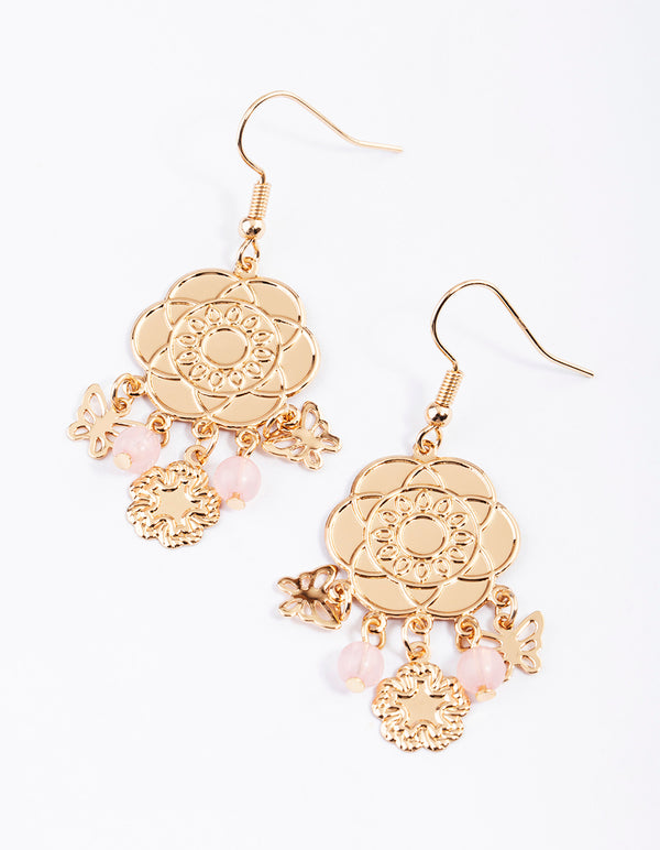 Blush Stamp Flower & Bead Drop Earrings