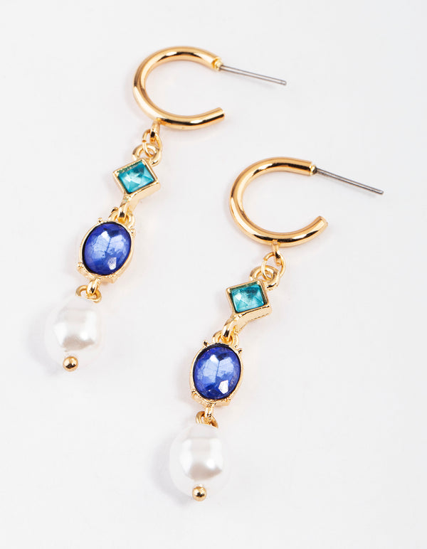 Blue Freshwater Pearl & Mixed Stone Drop Earrings