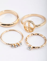 Gold Diamante & Peace Ring 4-Pack - link has visual effect only