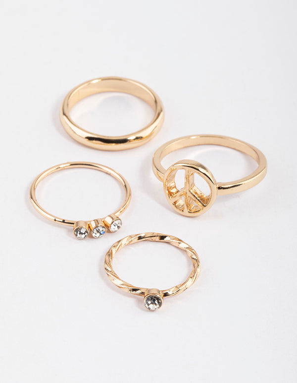 Gold Diamante & Peace Ring 4-Pack