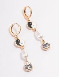 Gold Yin & Yang Pearl Diamante Huggie Earrings - link has visual effect only