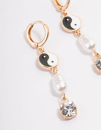 Gold Yin & Yang Pearl Diamante Huggie Earrings - link has visual effect only