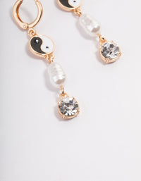 Gold Yin & Yang Pearl Diamante Huggie Earrings - link has visual effect only