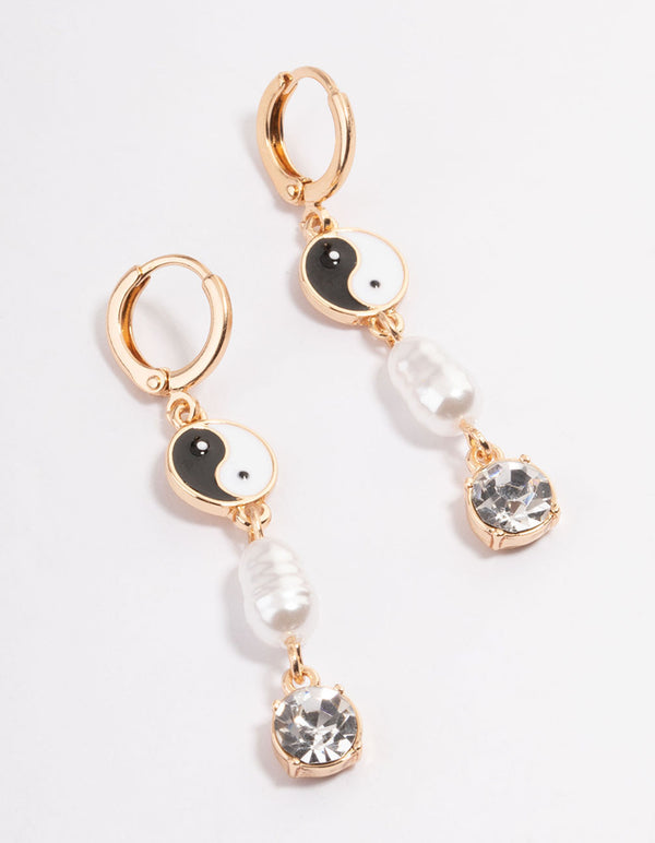 Gold Yin & Yang Pearl Diamante Huggie Earrings