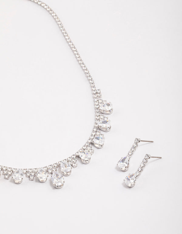 Rhodium Cubic Zirconia Cupchain Teardrop Earrings & Necklace Set