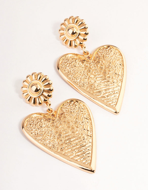 Gold Bold Etched Heart Earrings