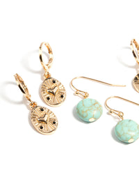 Gold Semi Precious Coin Earrings Set - link has visual effect only