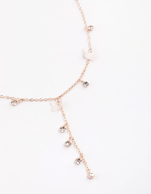 Rose Gold Mix Butterfly & Diamante Y-Necklace