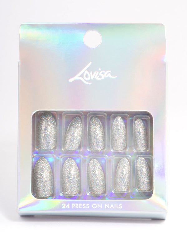 Plastic Silver Iridescent Glitter Press On Nails - Lovisa