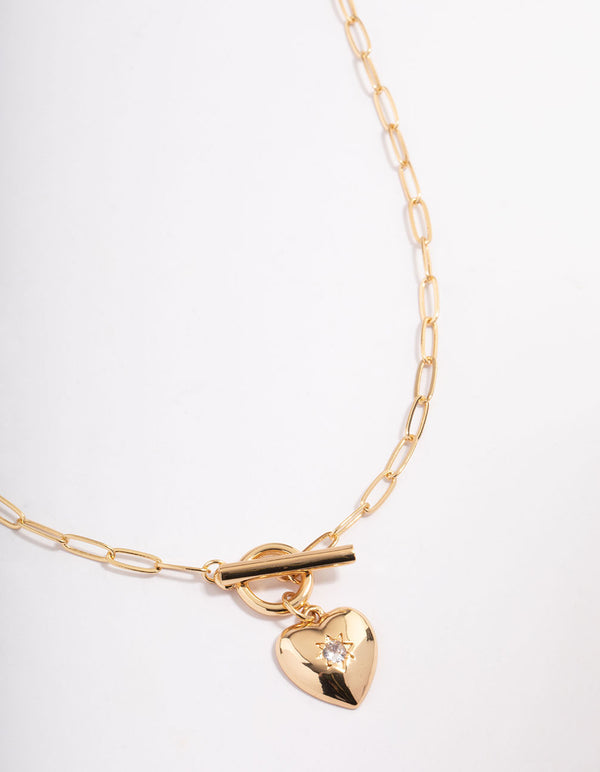 Gold Plated Celestial Heart T-Bar Necklace