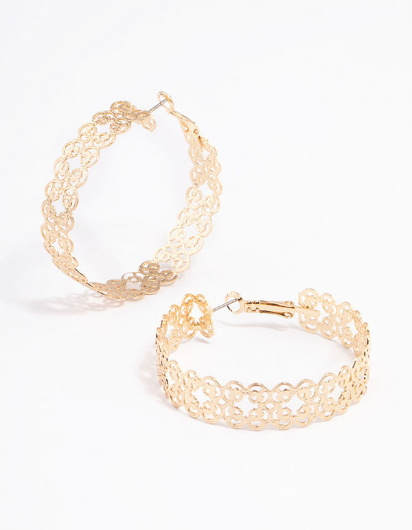 Gold Mid Thick Filigree Hoop Earrings