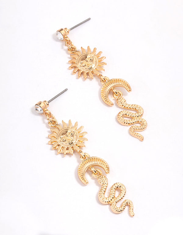 Gold Sun Moon Snake Drop Earrings