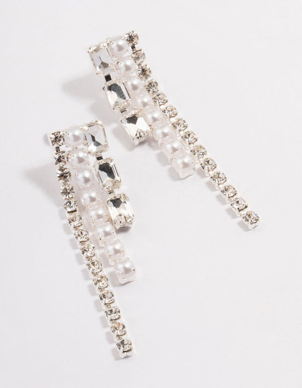 Silver Diamante Pearl Graduated Drop Earrings