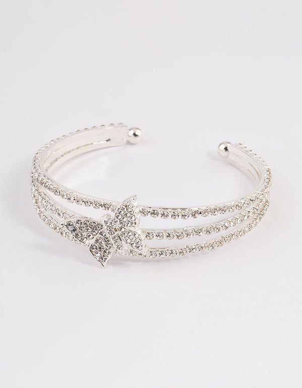 Silver Triple Row Diamante Butterfly Cuff Bangle