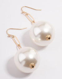 Worn Gold Link Chain Mega Pearl Drop Earrings - link has visual effect only