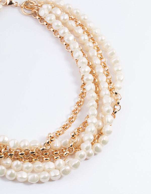 Gold Box Chain Pearl Row Necklace